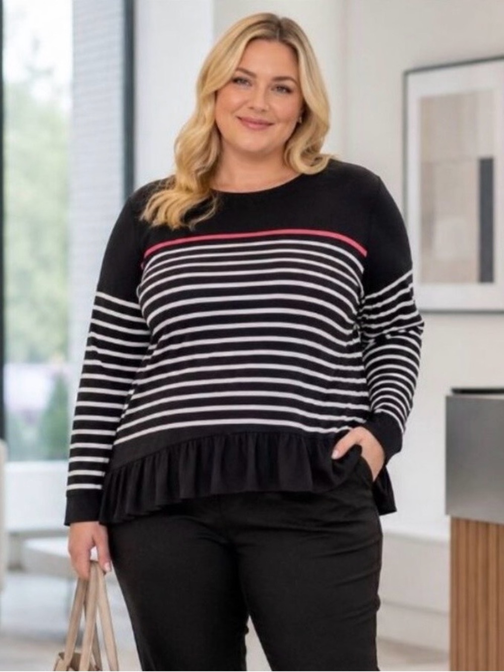 torrid Black, White & Coral Striped Long-Sleeve Pullover